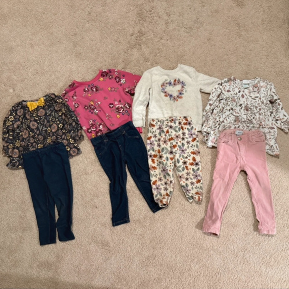 Girls 2T Mixed Floral Tops and Pants Set - Pink, Navy, Cream, Floral
